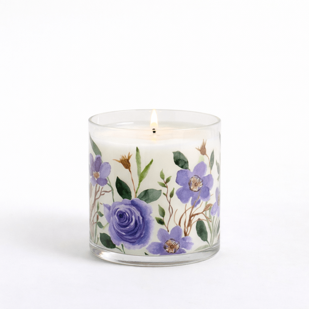 Purple Floral Rose Scented Candle in Glass Jar | Elegant Aesthetic Home Décor Candle - Memories InsitePURPLE FLORAL ROSE SCENTED CANDLE IN JAR